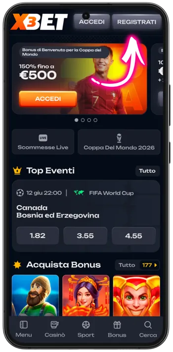 Crazy Time Italia registration button on casino homepage