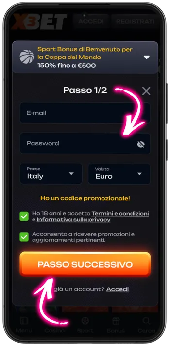 Crazy Time signup form email and password step